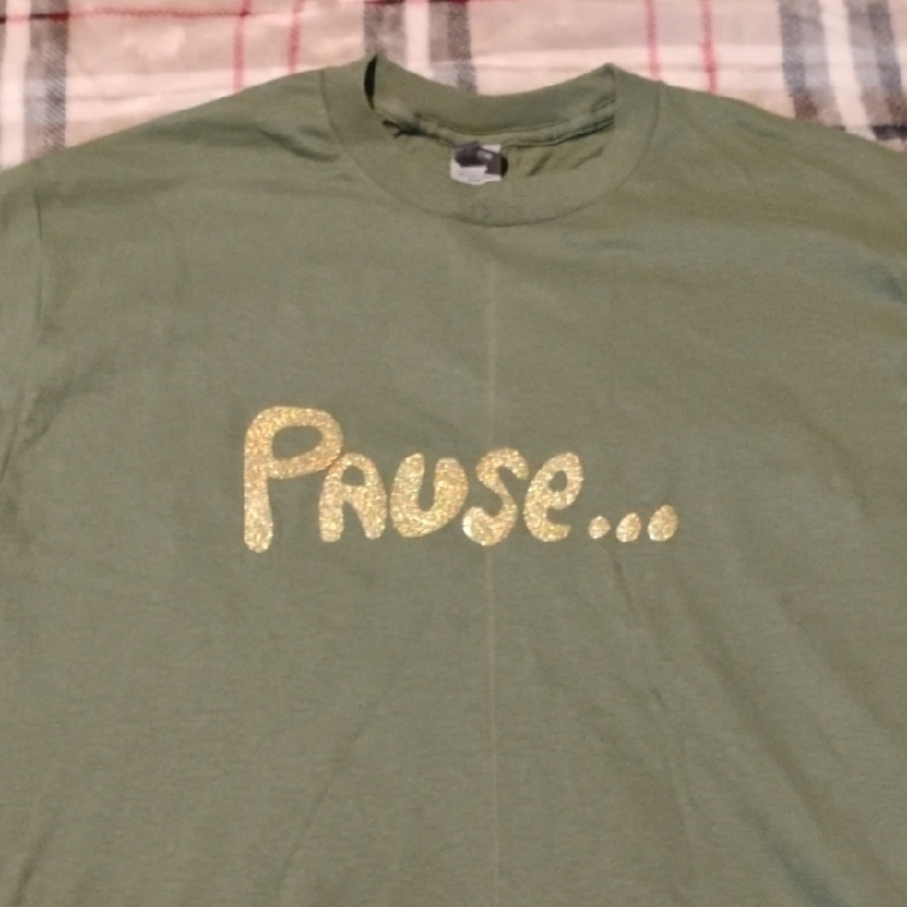 Gildan Olive Tee with Glittery Gold Text